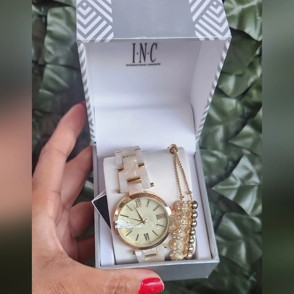 INC Gold Tone Mother of Pearl Watch and Bracelet Set